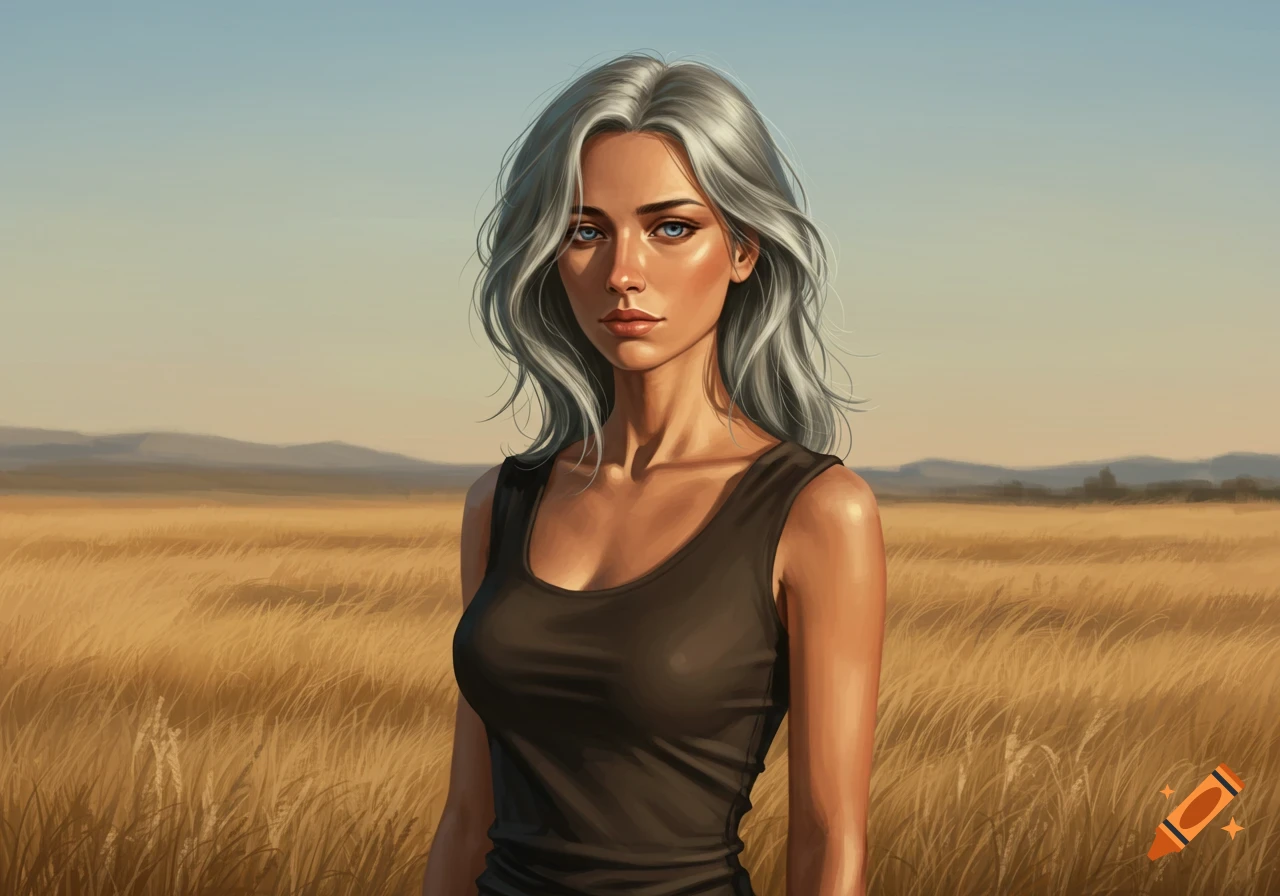 A digital painting of a woman with long silver hair and blue eyes, wearing a black tank top, standing in a golden wheat field.