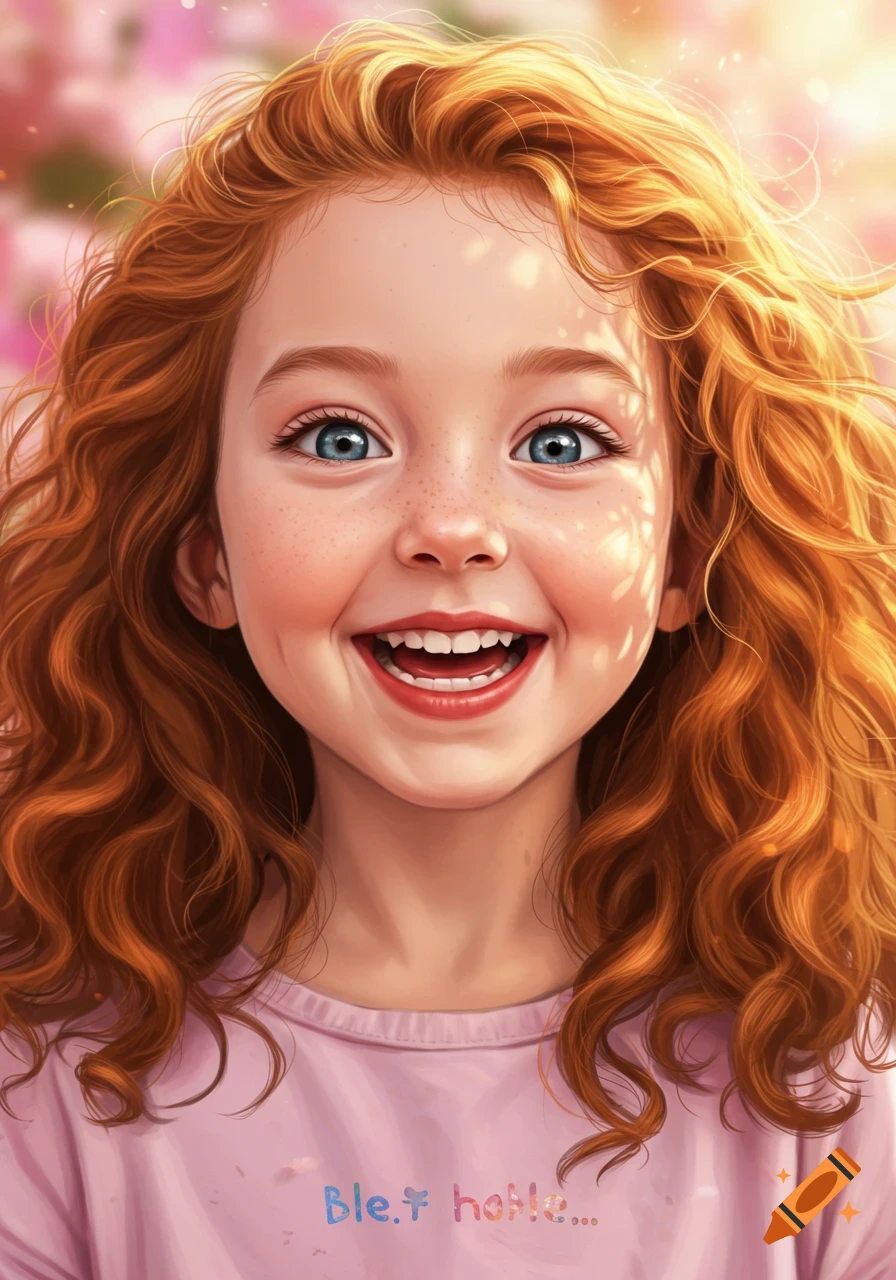 Close-up of a happy, smiling young girl with curly red hair and blue eyes, depicted in an illustrative style.