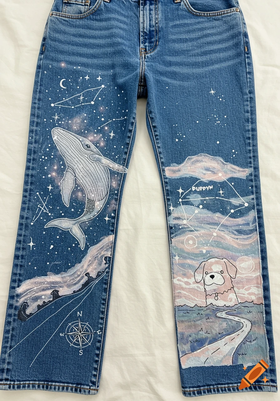 Blue denim jeans hand-painted with a whale in a starry sky, constellations, a compass, a puppy, and a winding road.