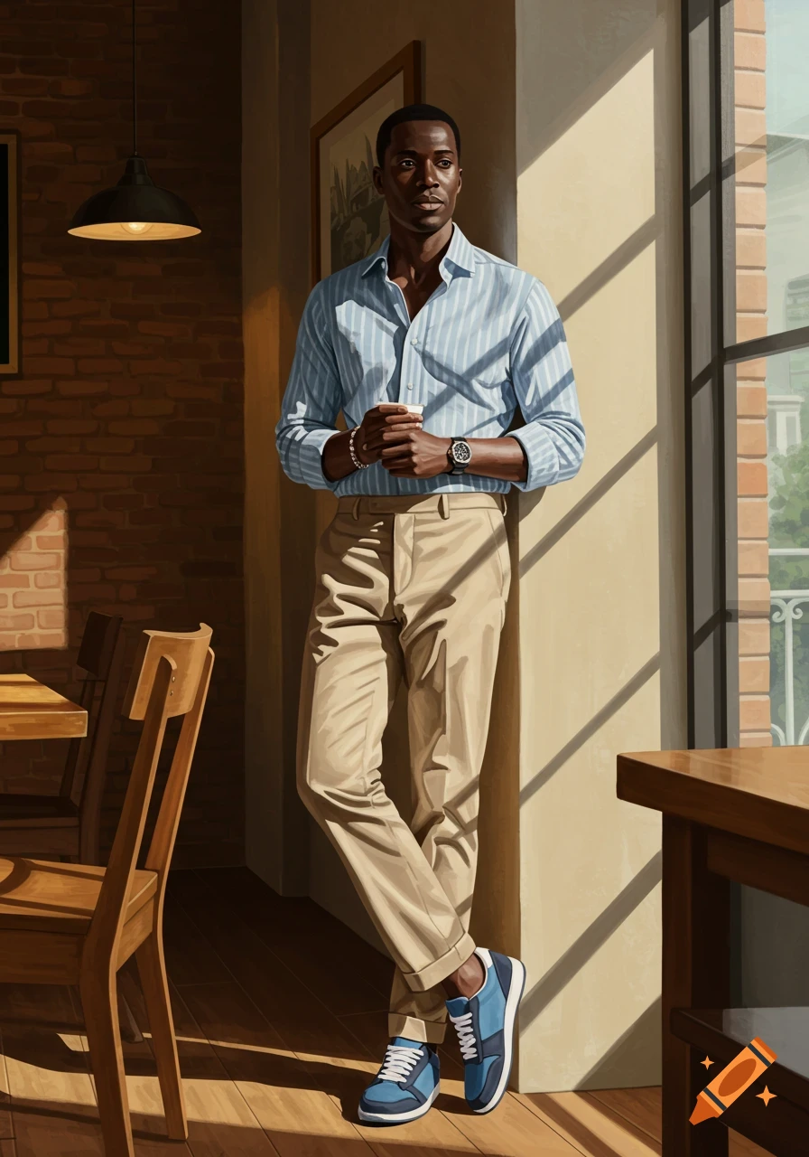 A casually dressed Black man, in a striped shirt and chinos, stands holding a cup in a sunlit coffee shop, rendered in a painting style.