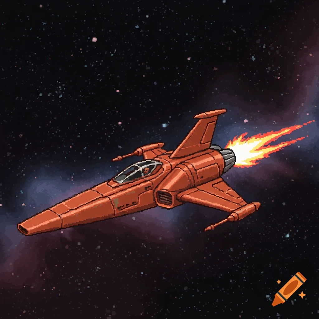 A rust-colored pixel art fighter spaceship with fiery exhaust flies through a starry space.