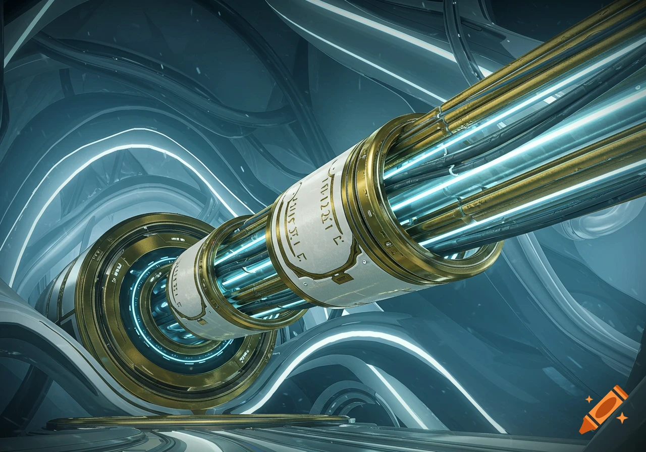 Futuristic cable duct with glowing blue lights and ornate gold and white detailing in a sleek, curved sci-fi environment.