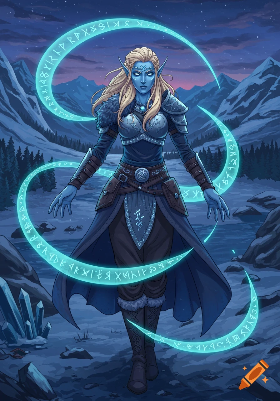 A blue-skinned female elf in armor with blonde hair stands in a snowy mountain landscape, surrounded by glowing runes.