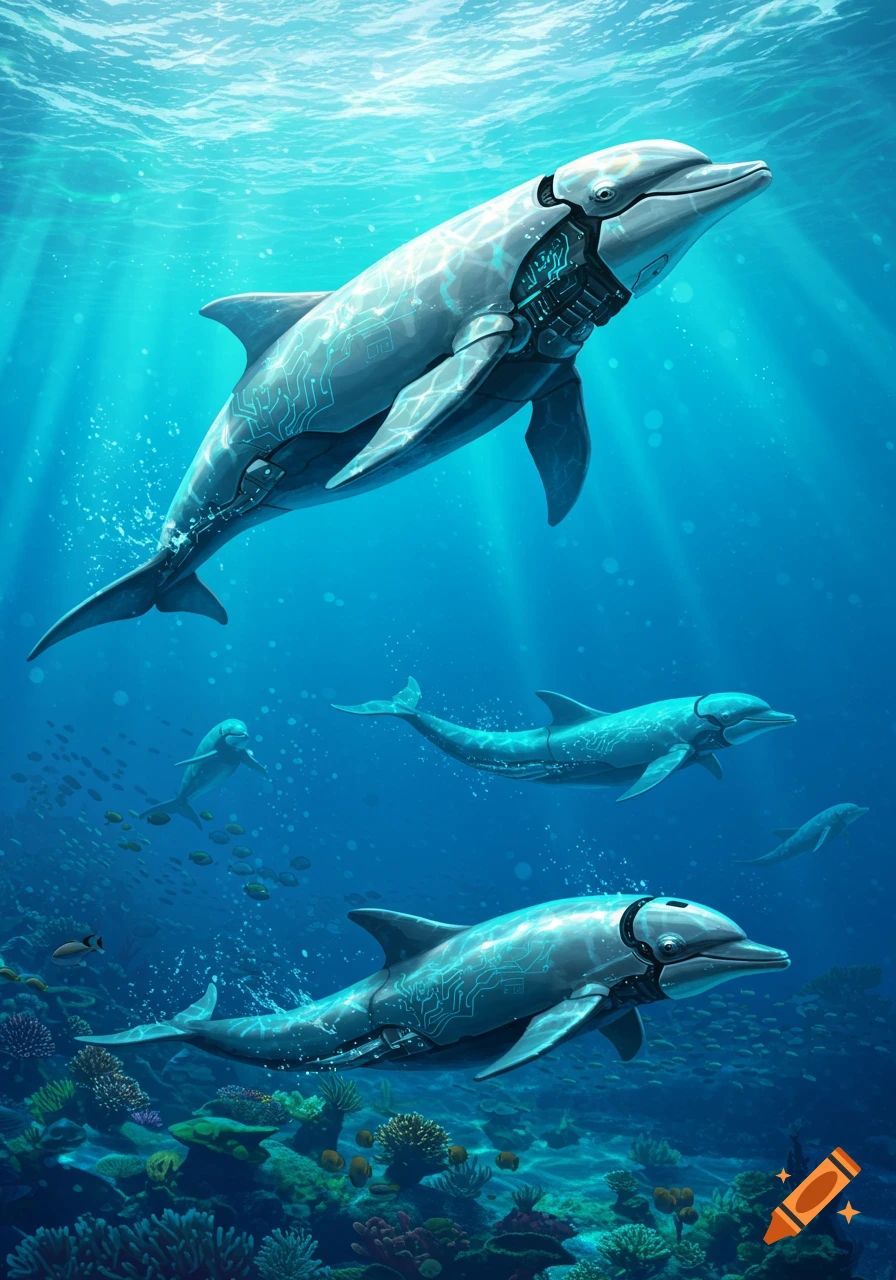 Several cyborg dolphins with glowing circuit patterns swim in a sunlit ocean over a colorful coral reef. Digital art.