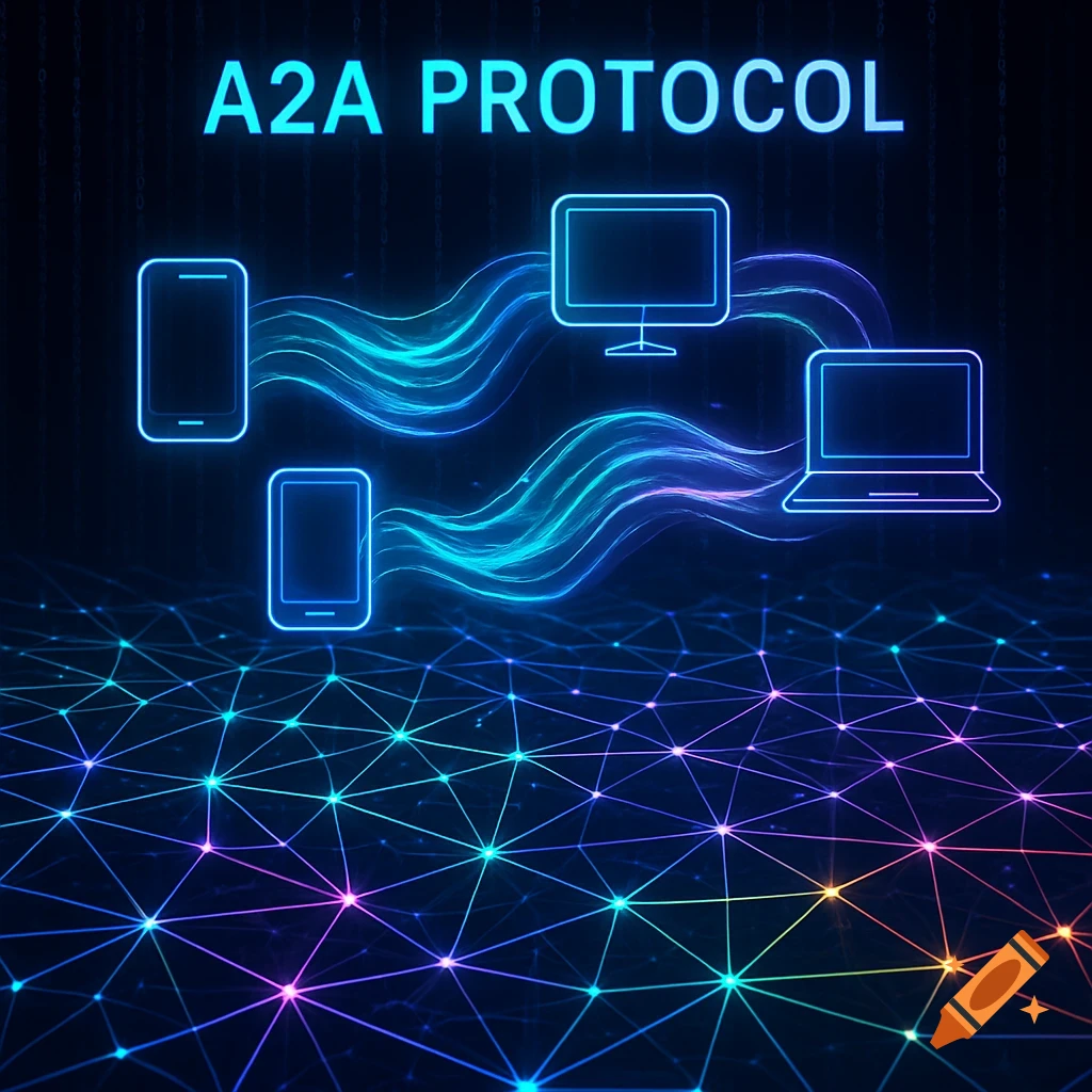A glowing blue and purple network diagram showing interconnected digital devices like phones, a monitor, and a laptop with 'A2A PROTOCOL' text.