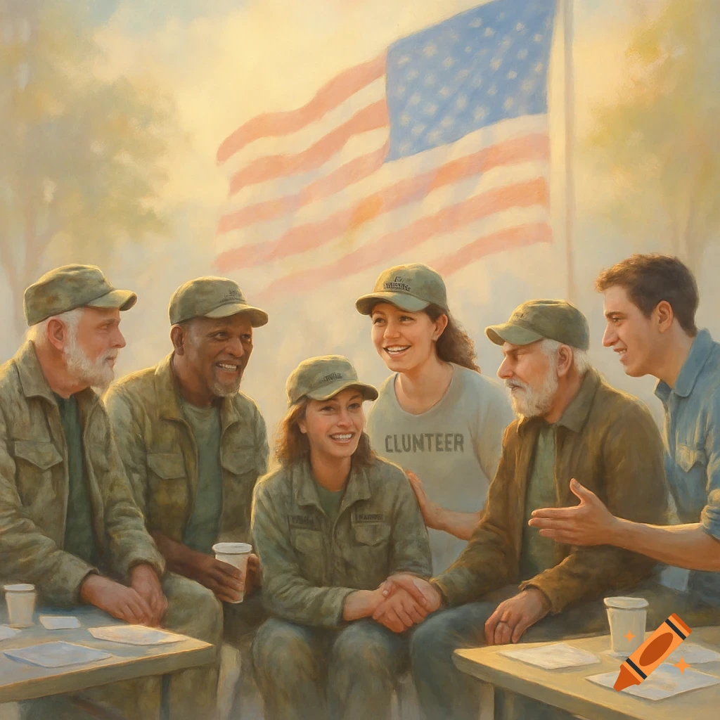 A diverse group of smiling veterans, men and women, gather around tables with an American flag in the background, in a painted style.