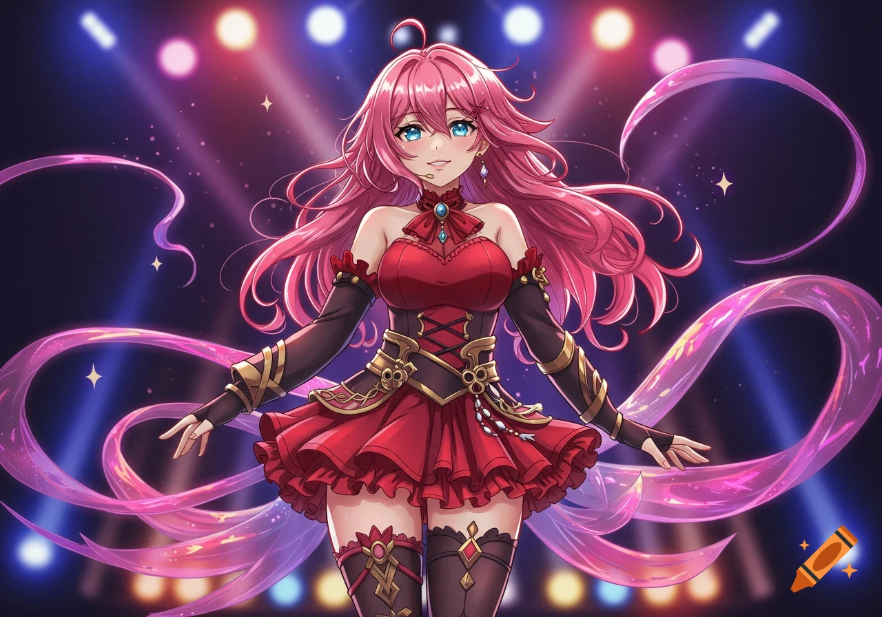 An anime girl with long pink hair and blue eyes, wearing a red stage dress, poses on a stage with glowing ribbons and spotlights.