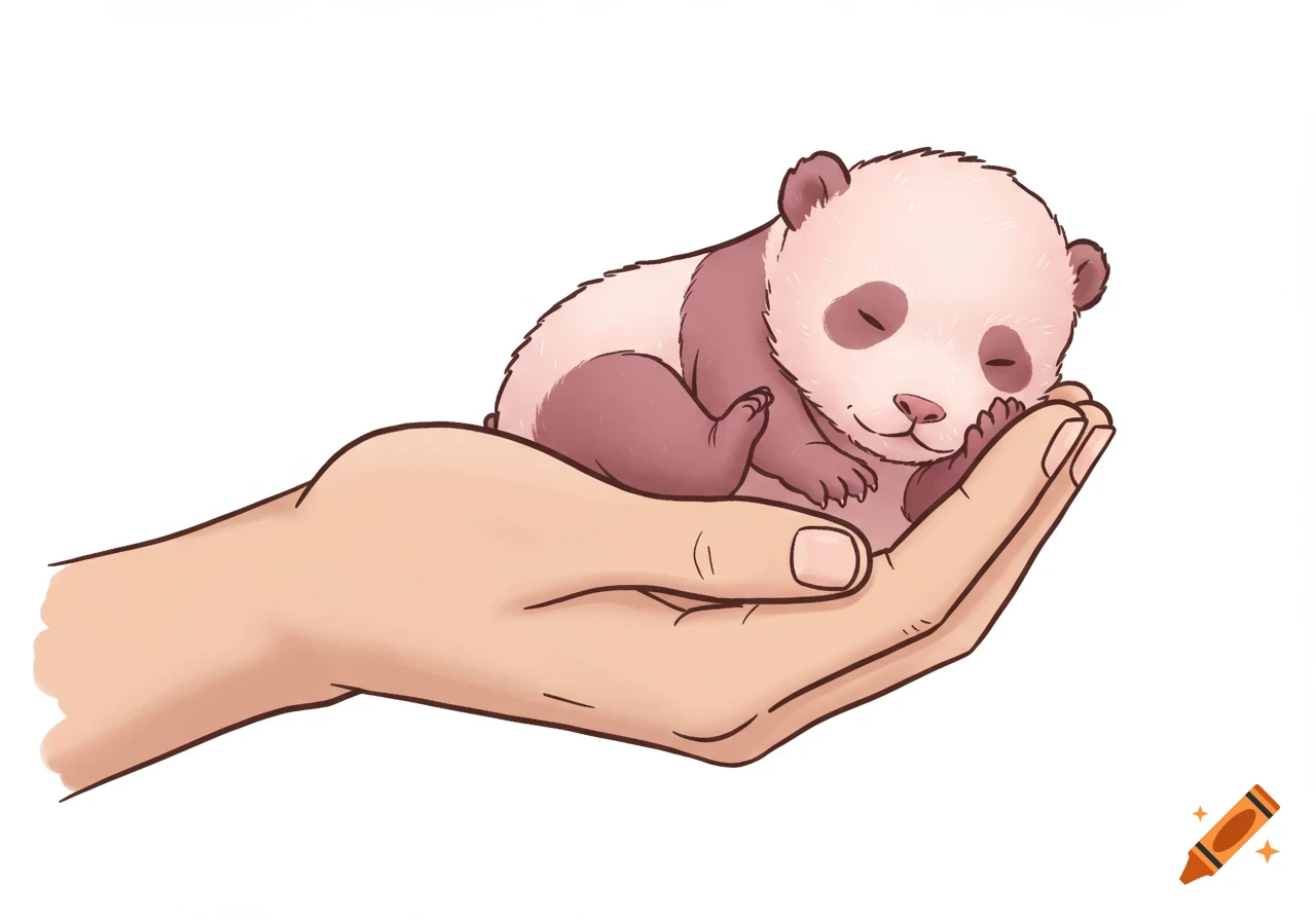 A tiny pink cartoon baby panda cub sleeps peacefully in a human palm.