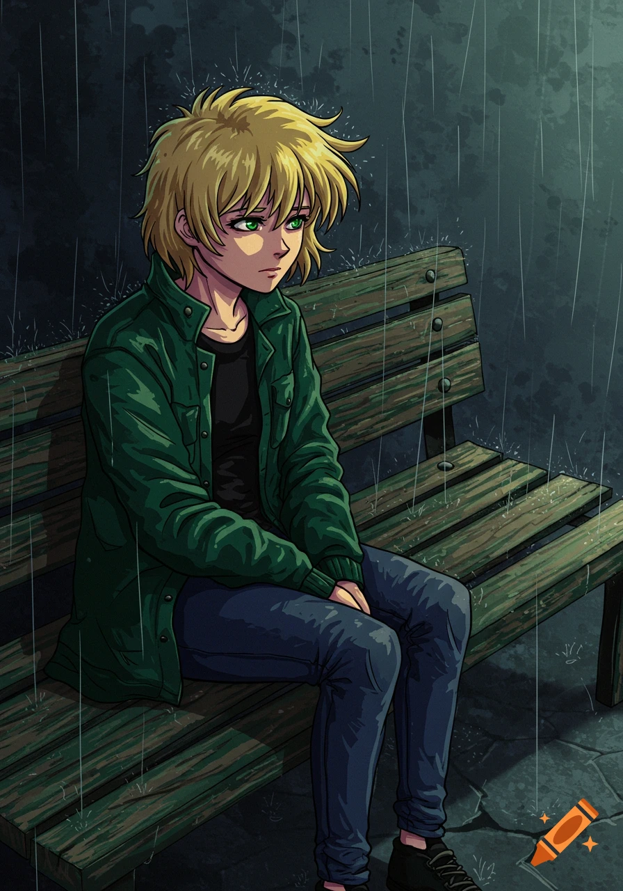 80s Anime style drawing of a sad person with blonde hair and green eyes, wearing a green jacket, sitting alone on a wet park bench in the rain.