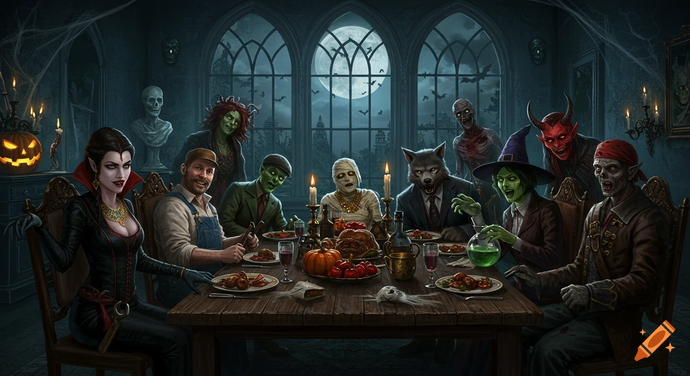 A group of classic monsters, including a vampire, werewolf, mummy, and devil, share a spooky Halloween dinner in a gothic mansion.