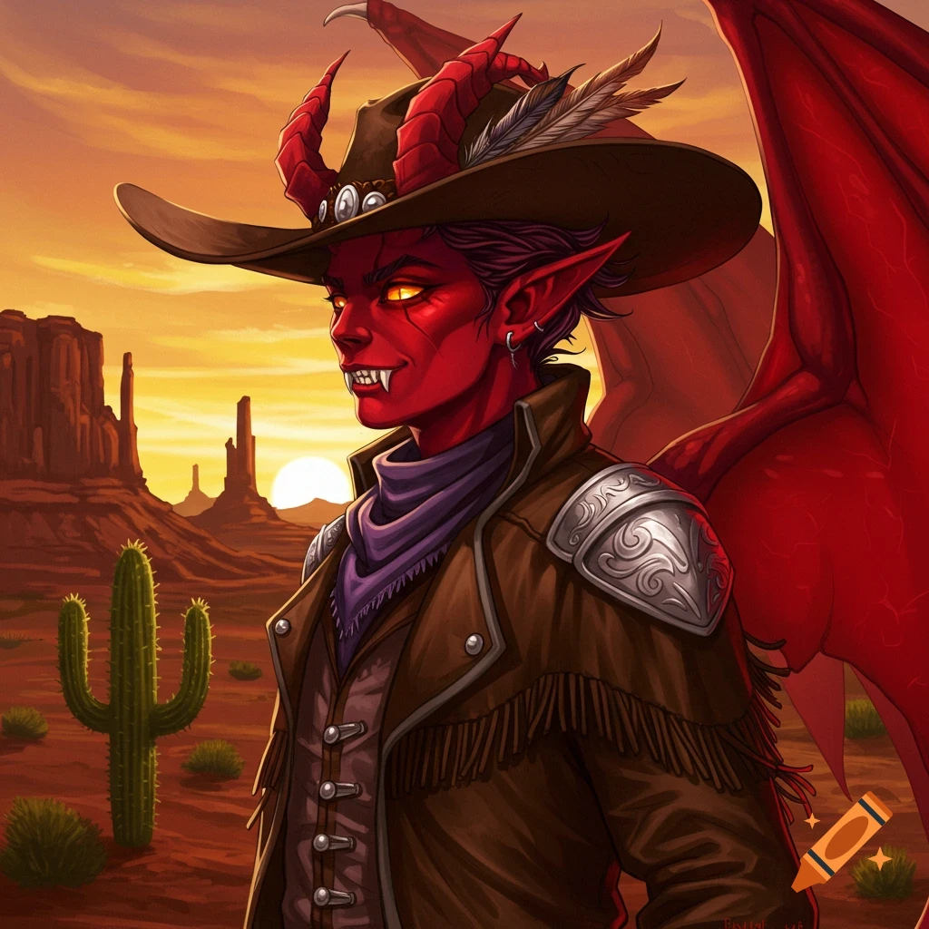 Illustrated red-skinned, horned, winged Tiefling in a cowboy hat and leathers in a desert at sunset.