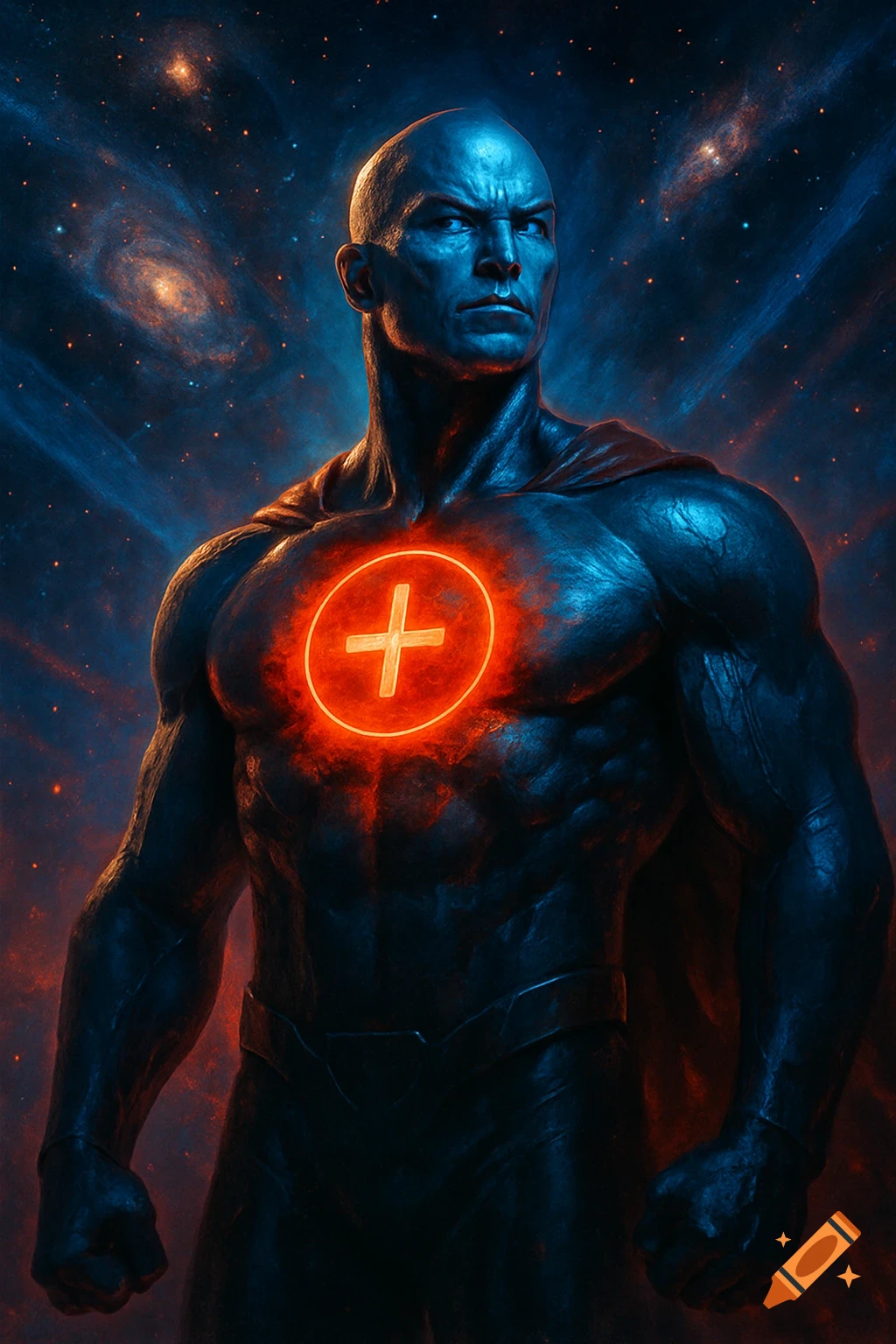 A bald, muscular blue superhero with a glowing red plus sign on his chest stands against a cosmic backdrop.