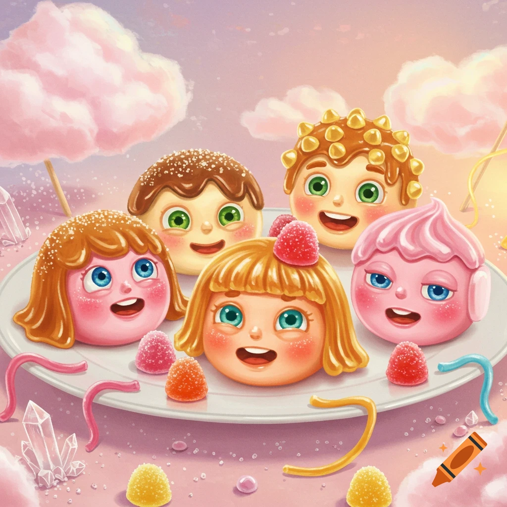 Five whimsical candy faces on a white plate, surrounded by gummy candies and sugar crystals in a pastel dreamland with cotton candy clouds.