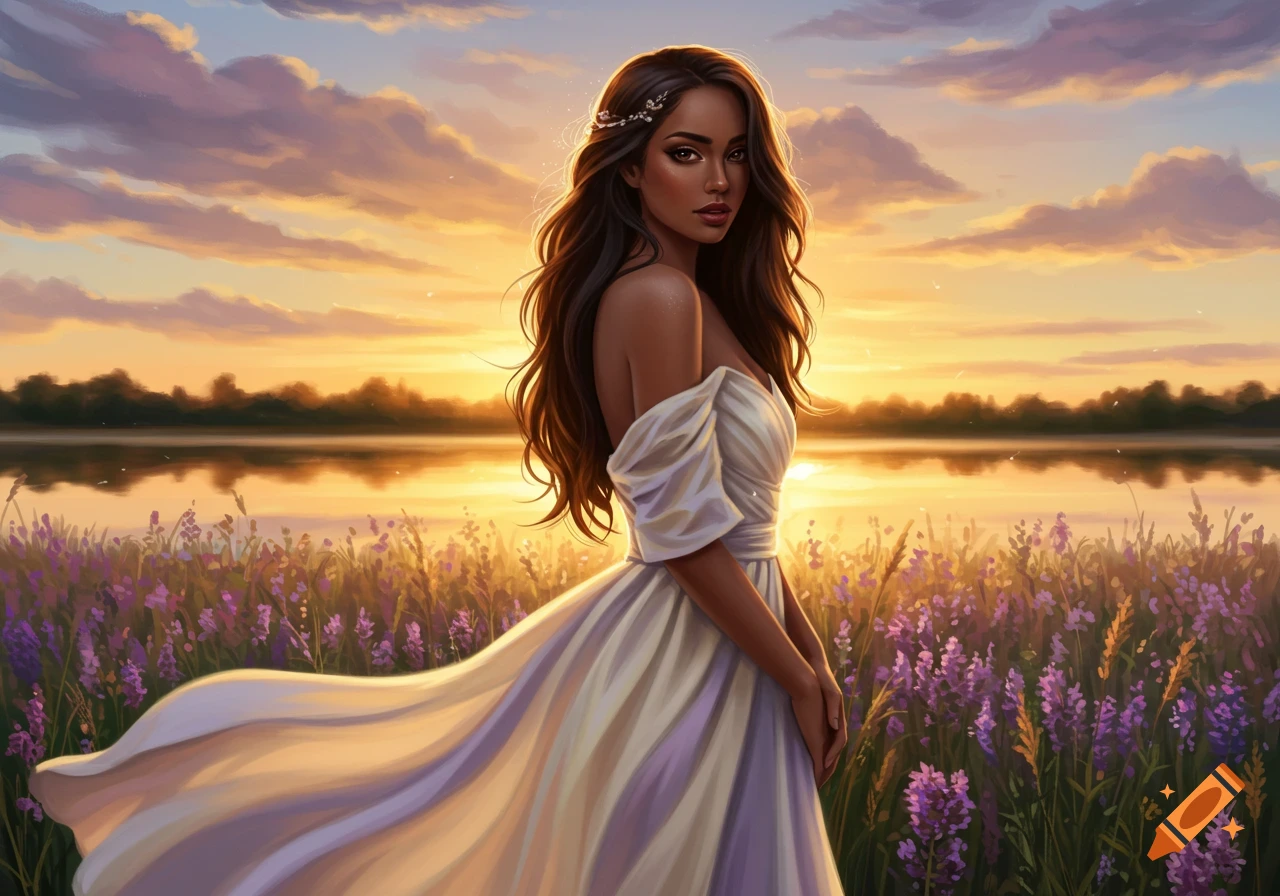 A beautiful woman in a white dress stands in a lavender field by a lake at sunset, digital painting.