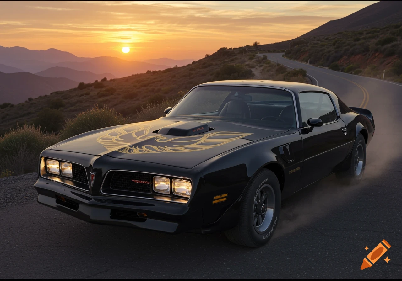 A black 1977 Pontiac Firebird Trans Am with a gold eagle hood graphic drives on a mountain road at sunset.