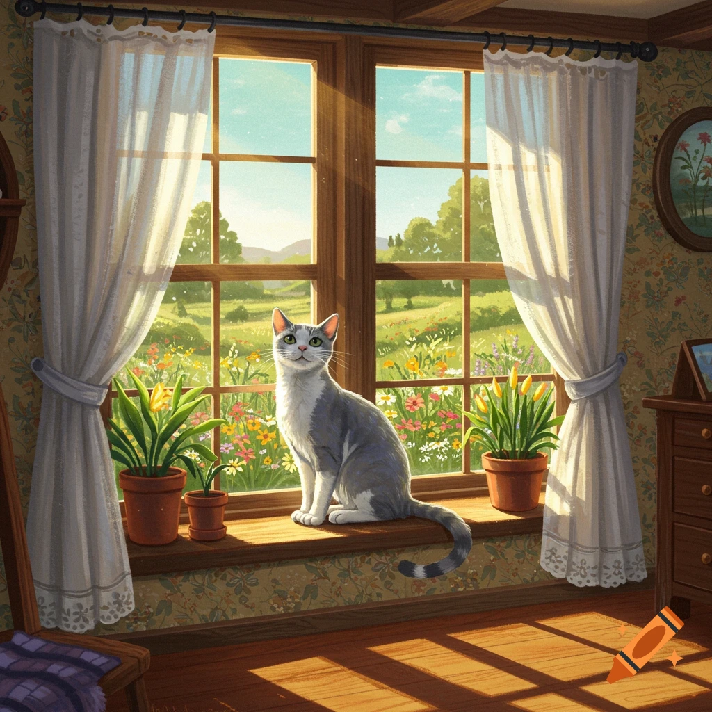 A gray and white cat sits on a sunlit windowsill, looking out at a vibrant green field filled with wildflowers.