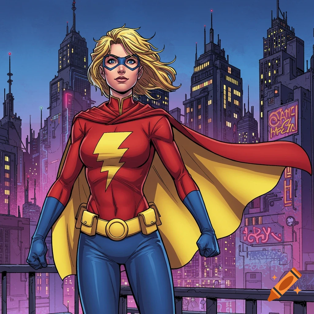 A blonde female superhero in a red and blue suit with a yellow lightning bolt emblem and a red cape stands against a futuristic city skyline at dusk in a comic art style.
