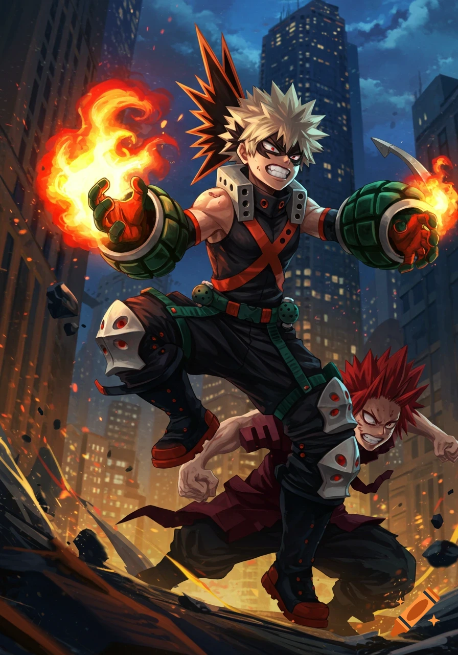 Anime characters Bakugo and Kirishima in action pose. Bakugo unleashes fiery explosions, Kirishima lunges, against a night city backdrop.