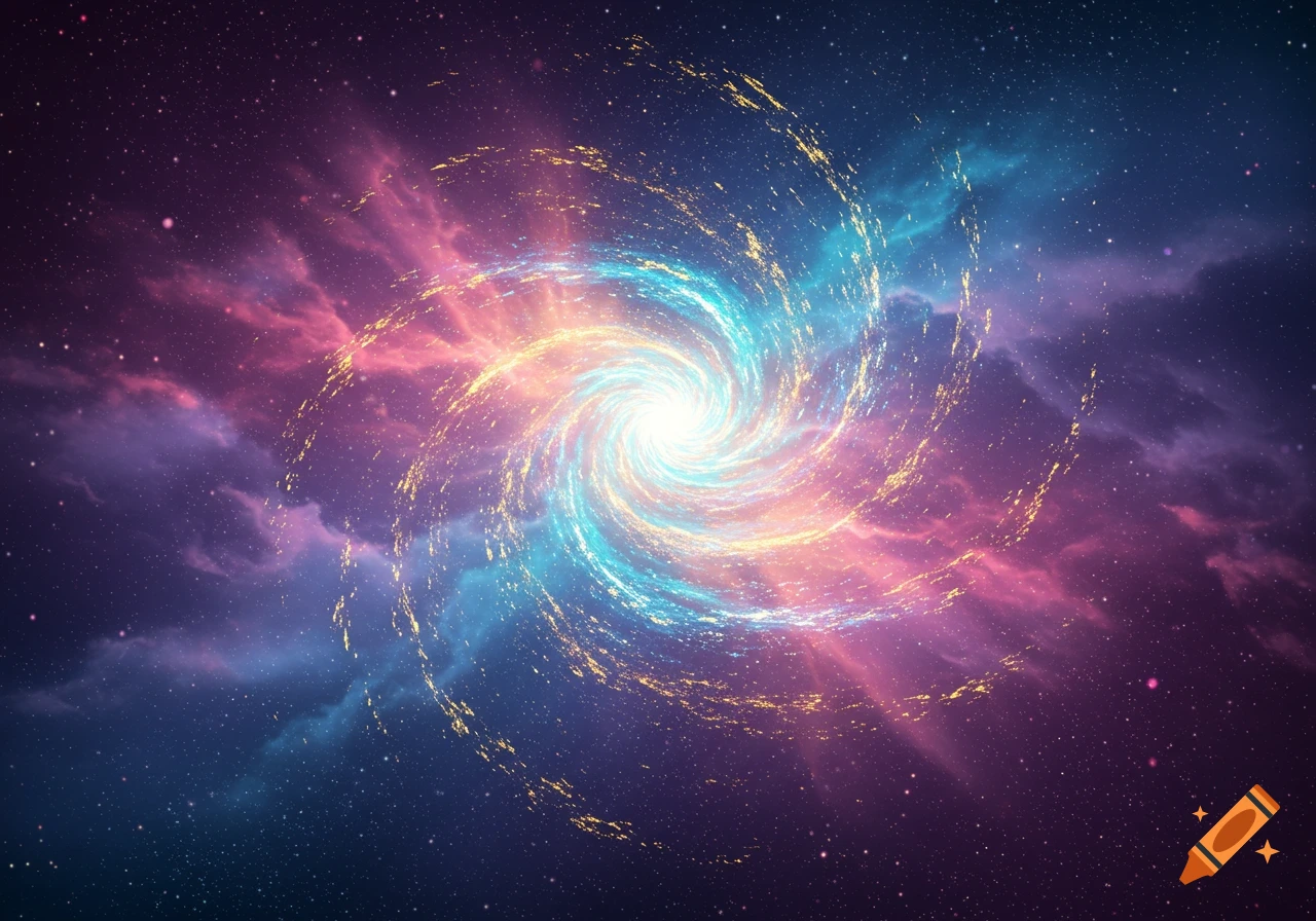 A vibrant, colorful swirling vortex in deep space, surrounded by glowing nebulae and countless stars.