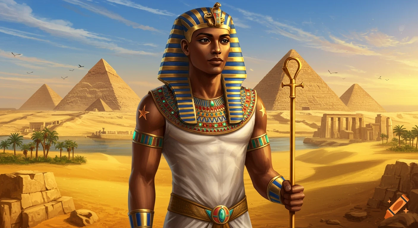 A young pharaoh in a blue and gold nemes crown, white tunic, and ornate jewelry holds an ankh staff amidst pyramids, desert, and palm trees.