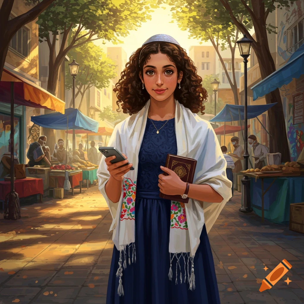 Illustrated portrait of a young woman with curly hair, wearing a kippah and a shawl, holding a phone and book in a vibrant street market.