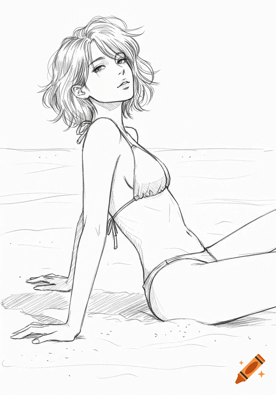 Pencil sketch of a woman with short hair in a bikini, lying on her side on the sand and looking towards the viewer.