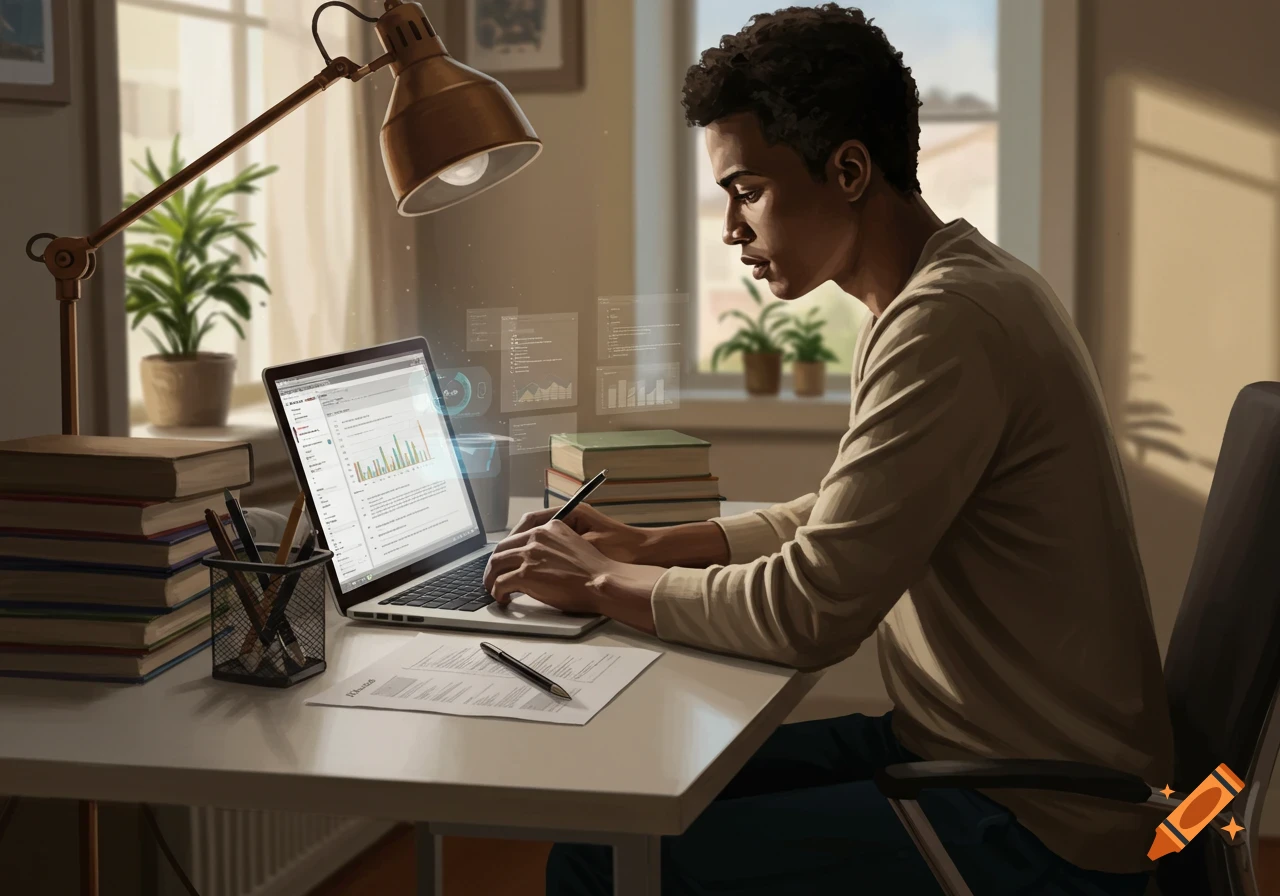 Young man with curly hair typing on a laptop at a sunlit desk, holding a pen. Books and a lamp are on the desk in this illustrative style.