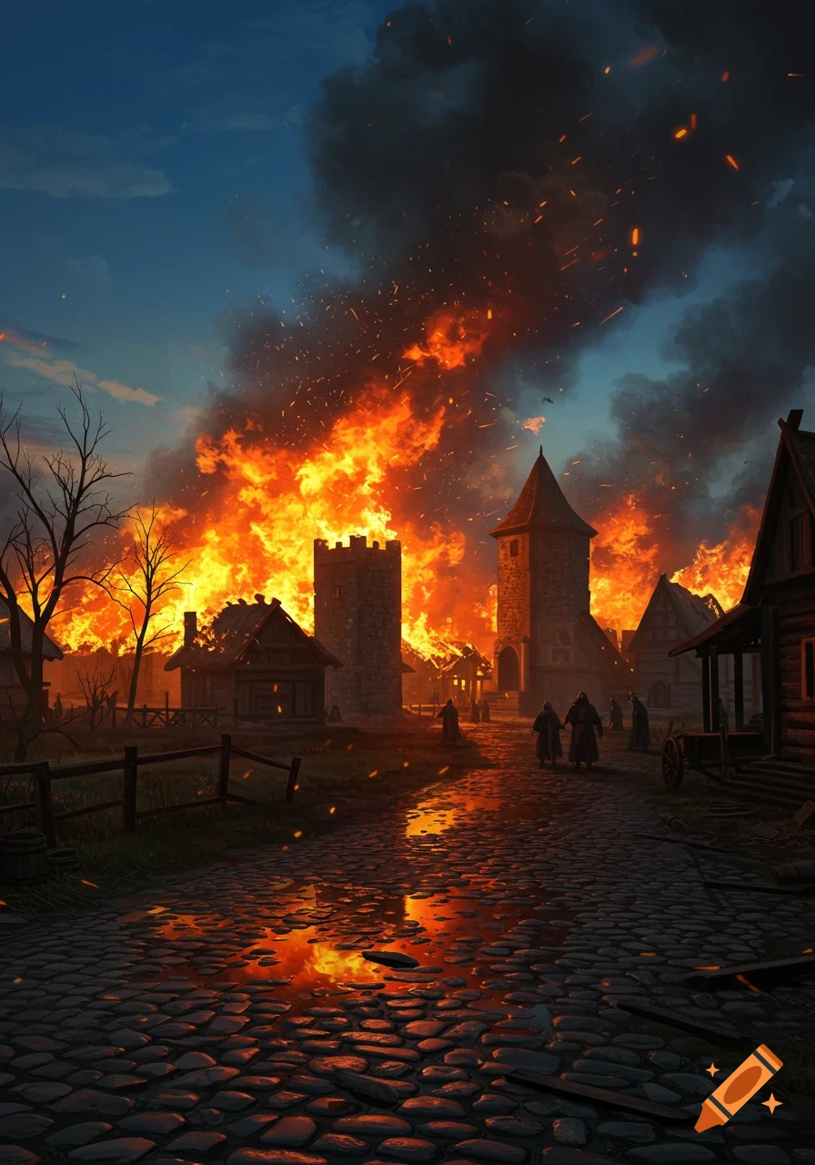 A medieval village ablaze at dusk with huge flames, thick smoke, and people walking on a cobblestone path reflecting the fire.