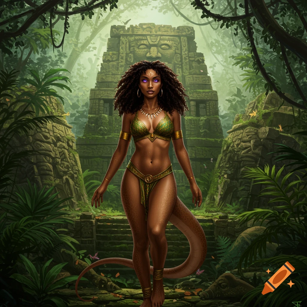A beautiful African-American female dragon-human hybrid in a skimpy Amazon outfit stands in a prehistoric jungle city.