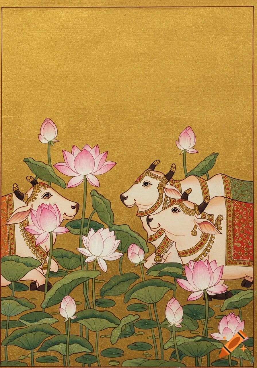 Pichwai painting of two ornate cows with gold and red saddles among pink and white lotus flowers on a textured gold background.