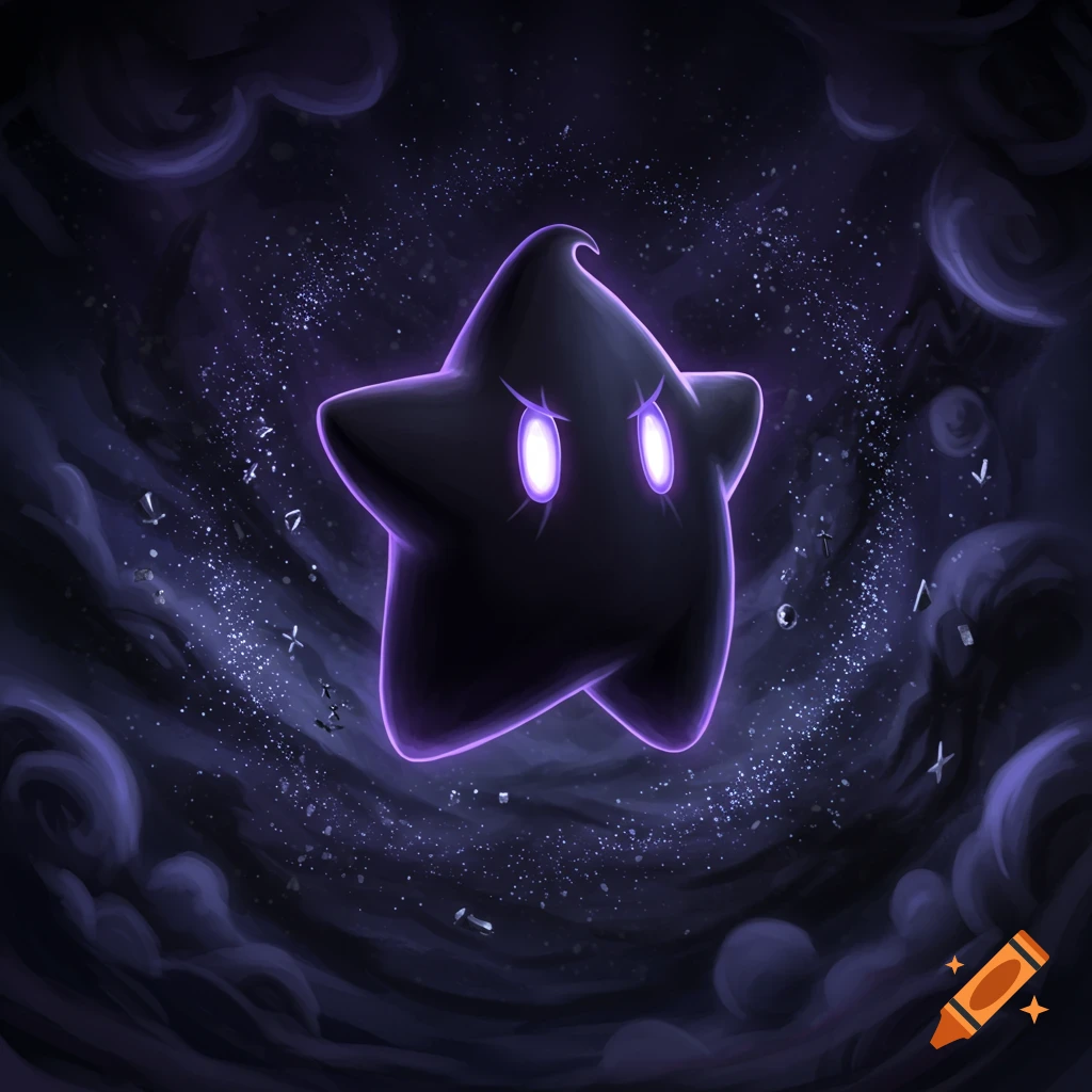 A dark purple Starlow with glowing eyes floats in a swirling cosmic void with scattered purple starlight and faint symbols.