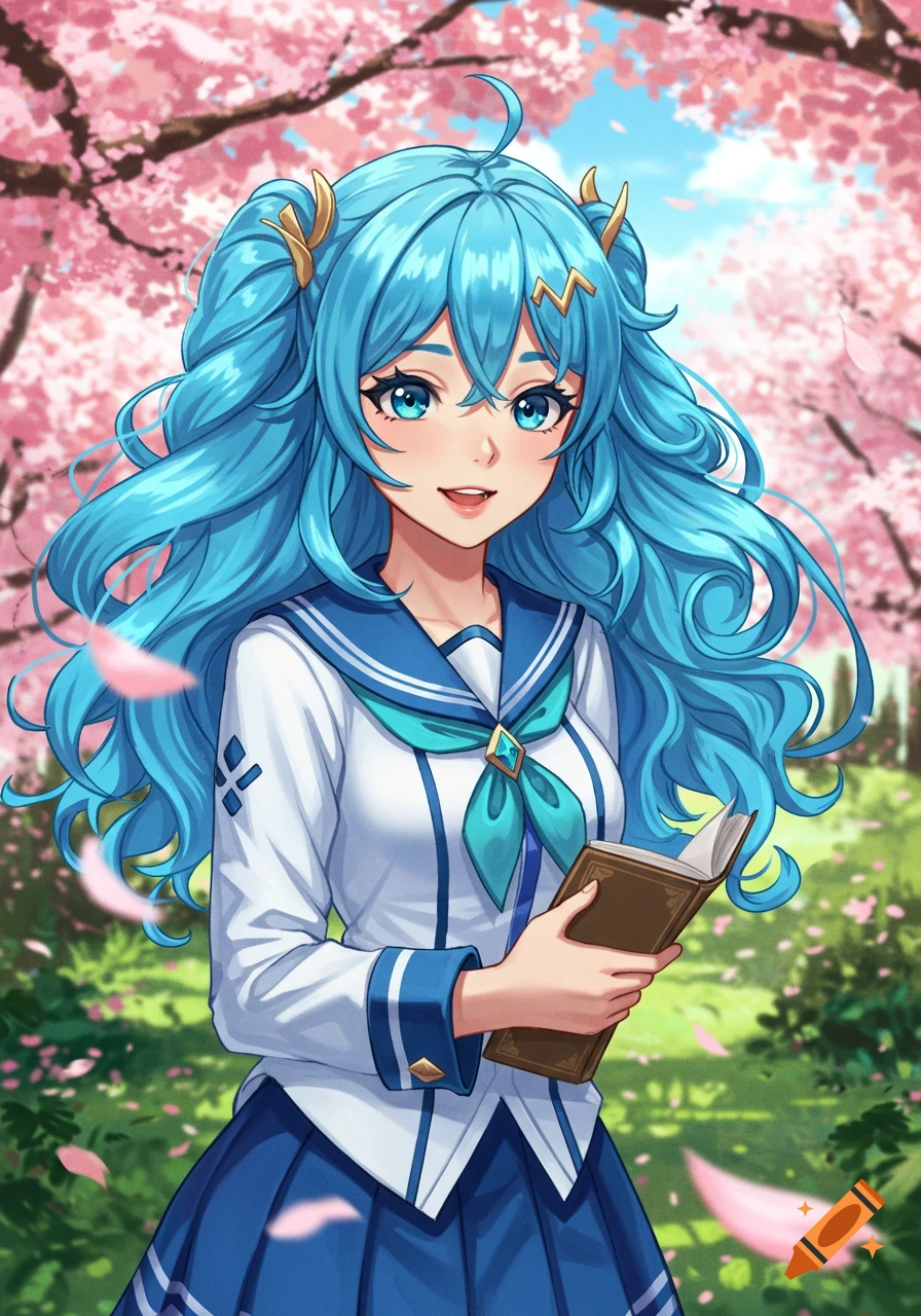 An anime girl with bright blue pigtails and blue eyes smiles while holding a book, standing under pink cherry blossom trees in a sailor uniform.