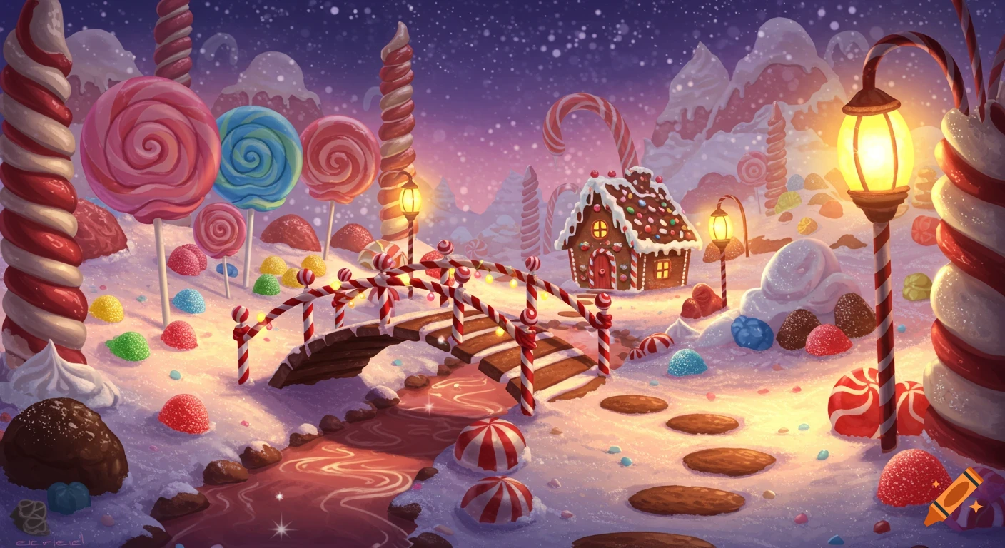 Whimsical candy landscape at night with a gingerbread house, lollipops, gumdrops, and a candy cane bridge under a starry sky.
