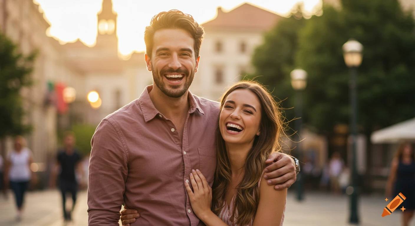 A photorealistic image of a happy couple embracing and laughing on a city street at sunset.