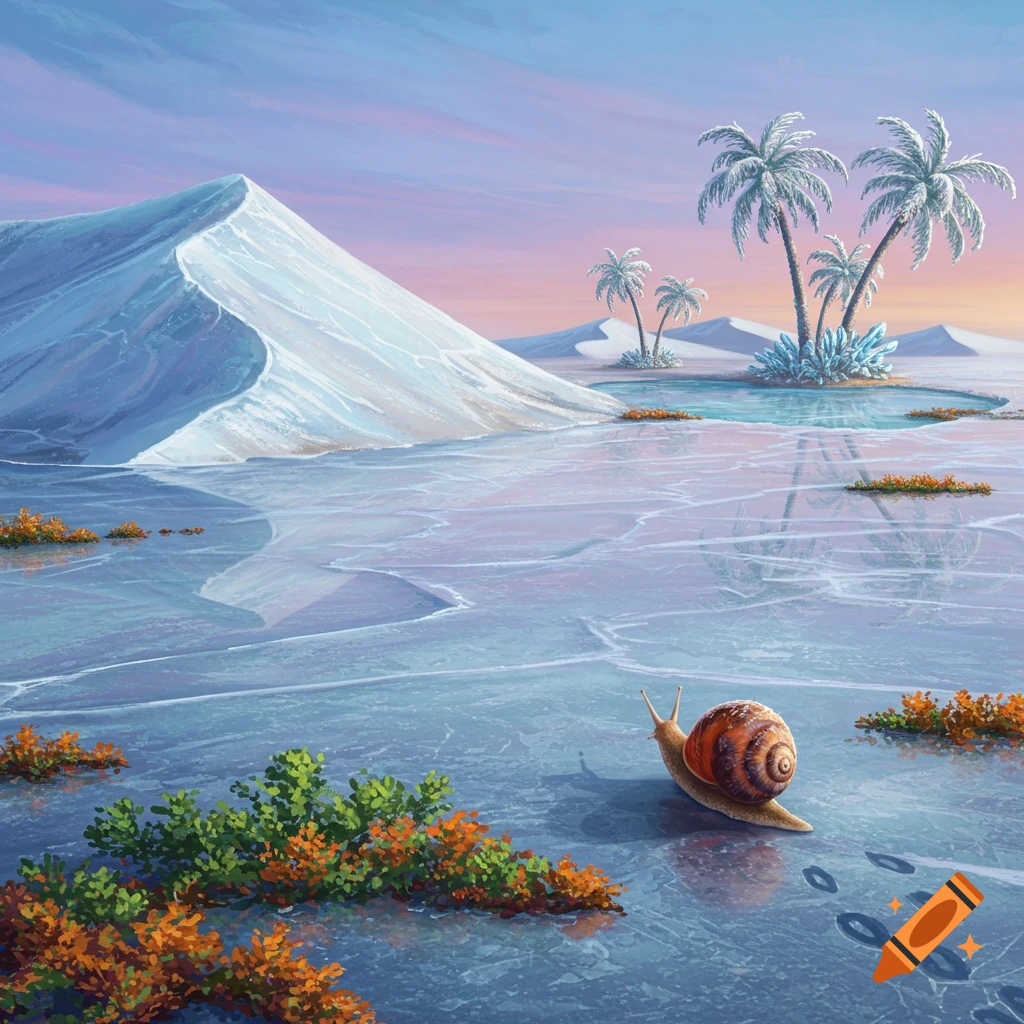 A snail crawls across a frozen desert landscape with ice dunes, an icy oasis with palm trees, and colorful lichens under a pastel sky.