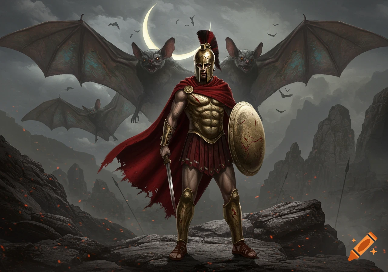 A Spartan warrior in gold armor and red cape stands on rocky terrain, holding a sword and shield. Two large bats fly behind him under a crescent moon.