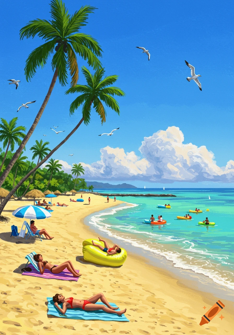 Vibrant illustration of a tropical beach with palm trees, people sunbathing on the sand, and others swimming in the clear blue ocean under a bright sky with seagulls.