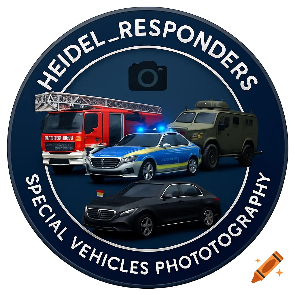 A circular logo with a dark blue outer ring containing white text "HEIDEL_RESPONDERS" and "SPECIAL VEHICLES PHOTOGRAPHY". The inner circle features a red fire truck, a blue and silver police car, an olive green armored vehicle, and a black diplomatic car with a German flag, all depicted in a realistic illustration style, with a camera icon at the top.