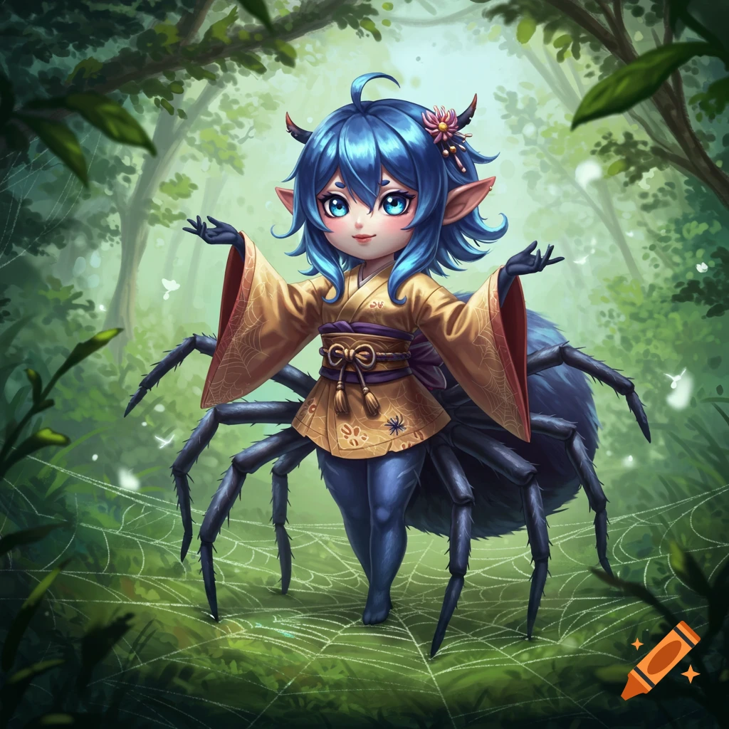A cute chibi anime spider girl with blue hair and a gold kimono stands on a spider web in a lush fantasy forest.