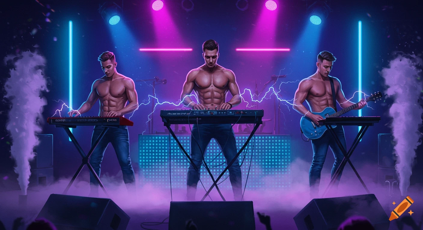 Three muscular men play synthesizers and guitar on a neon-lit stage with smoke effects at a concert.