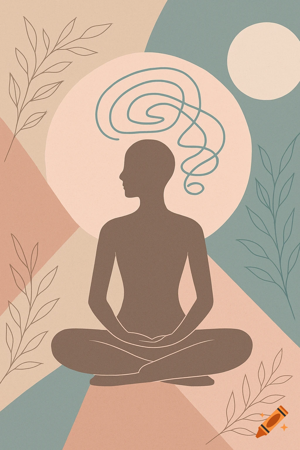 Stylized silhouette of a person meditating with swirling thoughts over an abstract background in muted tones.