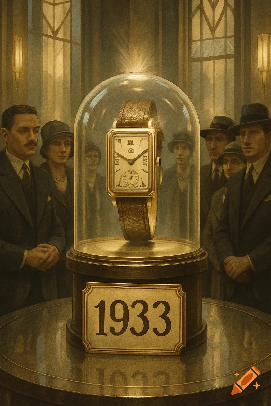 An Art Deco painting depicts a gold rectangular watch under a glass dome, with the year 1933 on a plaque below. Several people in vintage attire gaze at the watch in a warmly lit hall.