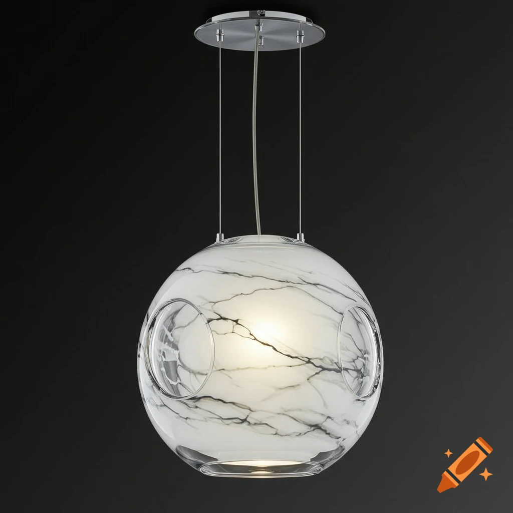 A round ceiling lamp with a white and black marble-patterned glass shade, clear cut-out sections, suspended by thin cables.