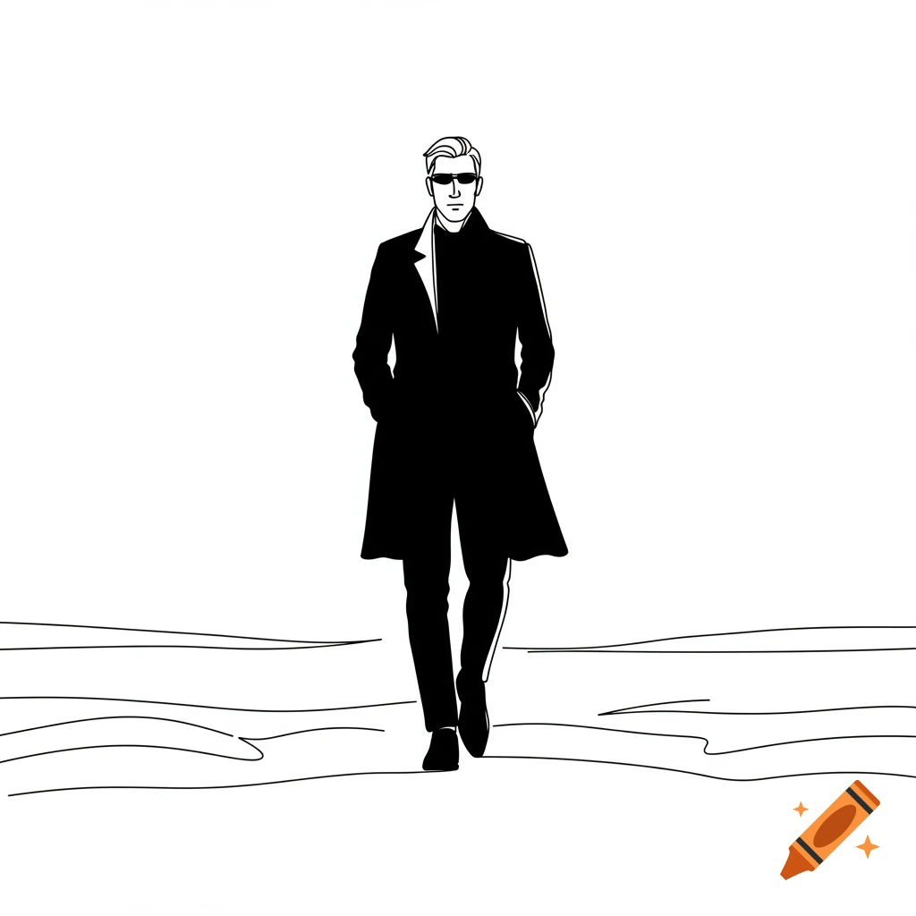 A minimalist black line art illustration of a man in a trench coat and sunglasses walking.