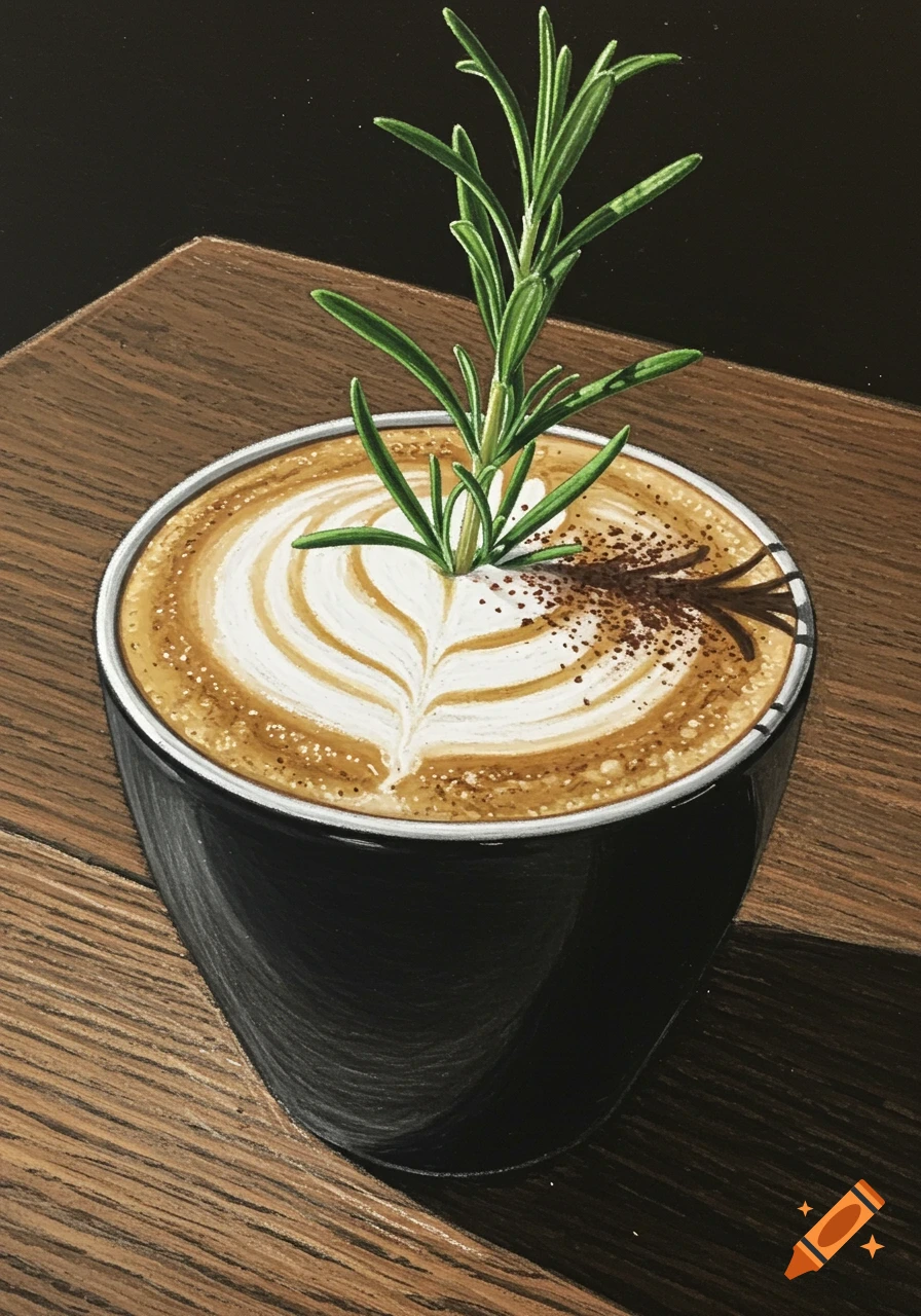 Chalk art illustration of a latte with foam art and a sprig of rosemary, on a wooden table.