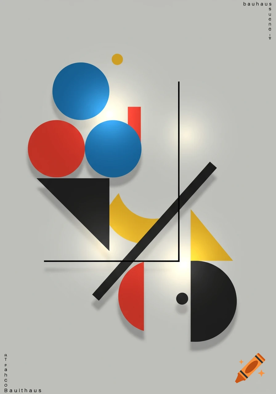 Abstract Bauhaus-style poster with red, blue, yellow, and black geometric shapes on a light gray background.