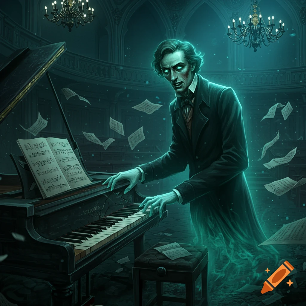 A ghostly figure with glowing green eyes plays a grand piano in a dark, ornate hall, with musical notes floating around him. Ethereal green mist emanates from his lower body.