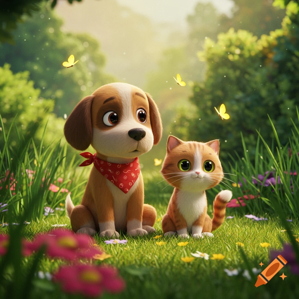 A cute animated dog and cat sit side-by-side in a sunlit grassy field with butterflies and flowers.