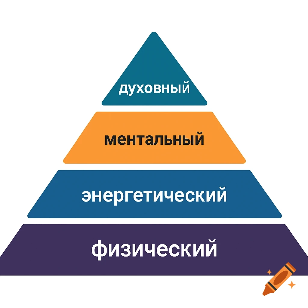 A schematic pyramid icon with four levels labeled in Russian: ","), ""), ""), "").