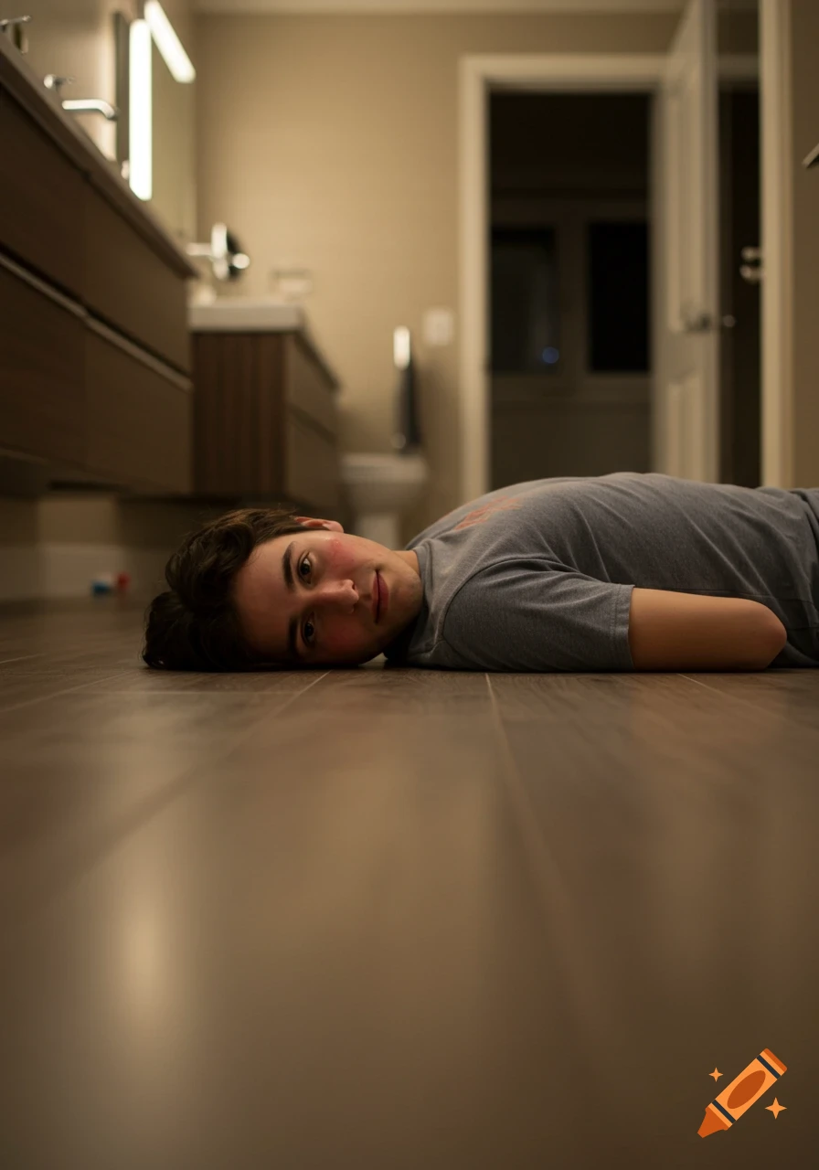 A young man with dark hair lies on his side on a wooden bathroom floor, looking at the camera. A modern bathroom vanity is in the background.
